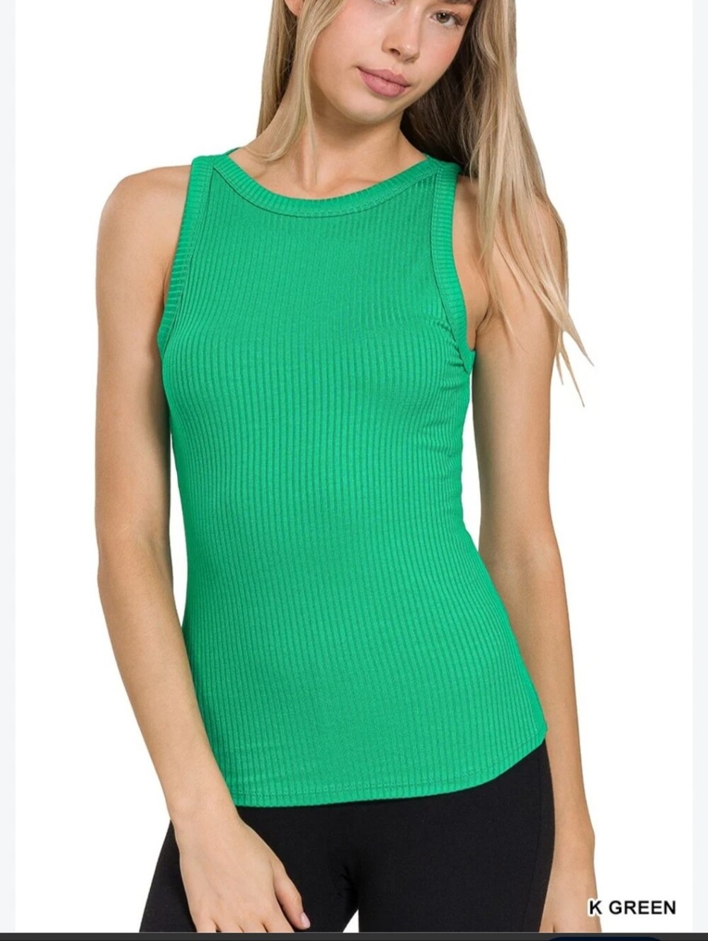 Green Ribbed High Neck Sleeveless Tank Top, M